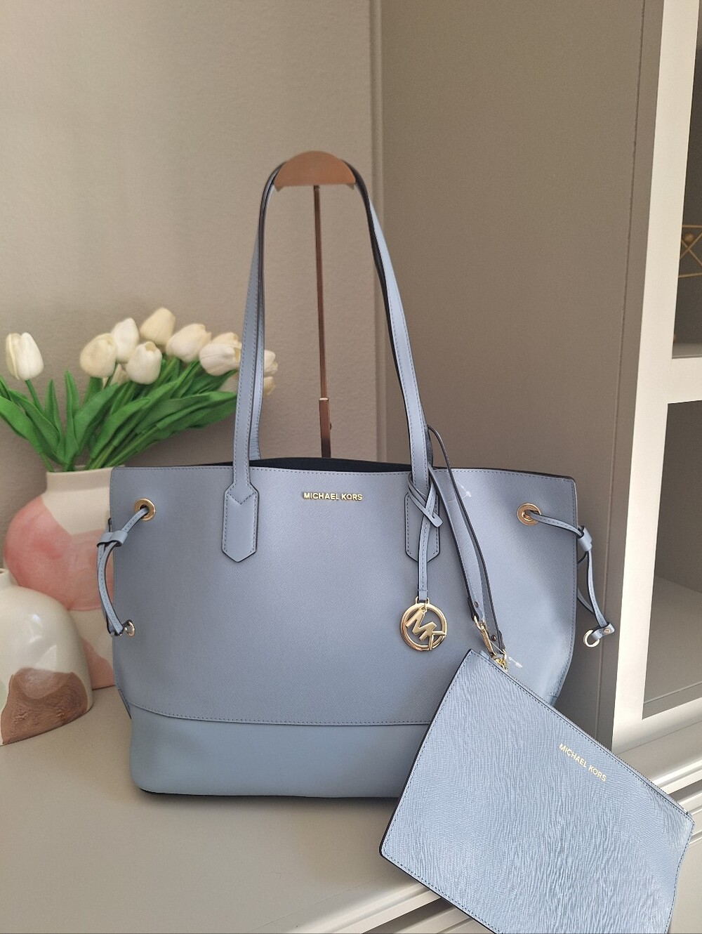New Michael Kors Trista Large Drawstring tote With pouch Baby Blue